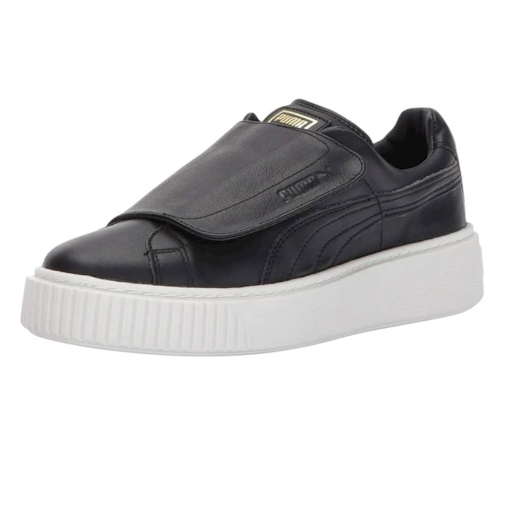 NWOB Puma Women's Size 8 Basket Platform Strap in Black Leather Pull On Sneakers
